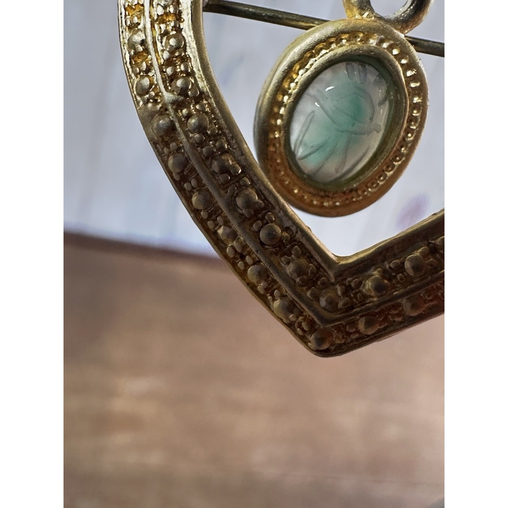 Vintage Heart‎ Pin Brooch 90s Genuine Carved Scarab Semi Precious Stone - Picture 5 of 10